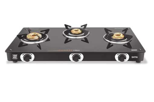 Vidiem Gas Stove GS G3 200A Satin (Silver & Black) | 3 Burner Glass Top Gas Stove | Manual Ignition | Safety, Reliability, High Efficiency | 5 years warranty